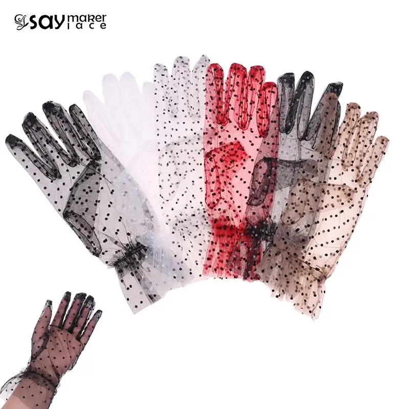 

Sexy Transparentes Dot Print Black White Mesh Tulle GloveSpring Summer Thin Short Glove Club Prom Party Dancing Dress Glove