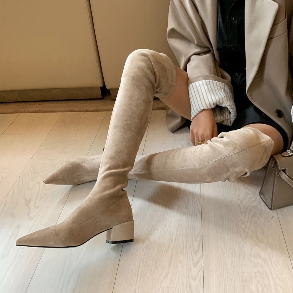 

Women Thigh High Boots Pointed Toe Chunky Black Suede Over-the-knee Boots Fashion Casual Elegant Suqumn Winter Long Shoes Woman