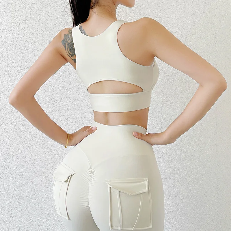 2023 Double-sided Brushed Hollow Out Yoga Suit Beautiful Back Sports Underwear Shockproof Gather Yoga Sports Bra Fitness Vest