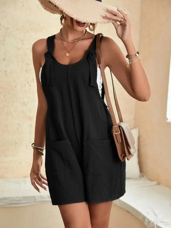 

2023 Autumn Oversize Women's Short Rompers Black U-neck Sleeveless Lace Up Loose Rompers Female Casual Fashion Ladies Clothes