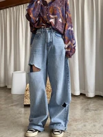 qweek hollow out baggy jeans women korean streetwear wide leg denim pants kpop chic fashion high waist trousers female 2022
