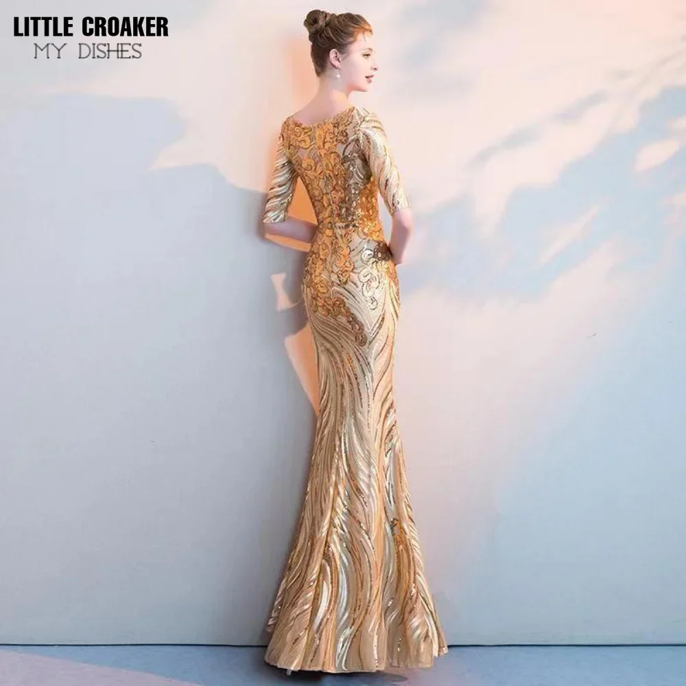 Женское золотистое вечернее платье с полурукавами и блестками Размеры S-3XL