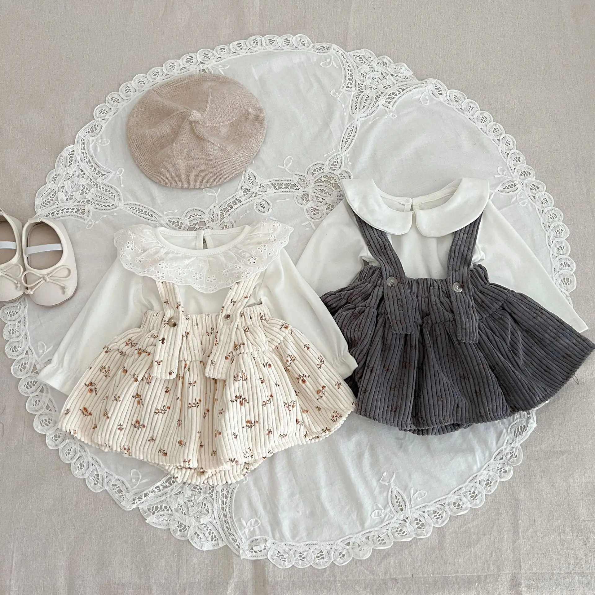 

Spring Autumn Infant Fashion Floral Print Ribbed Suspenders Bodysuit Dress Girl Baby Cotton Sleeveless Pit Striped Onesie Skirt