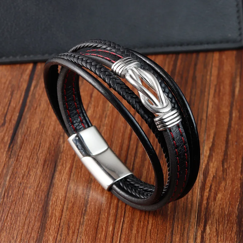 

Fashion Stainless Steel Knotted Braided Leather Bracelets Multilayer Silver Men