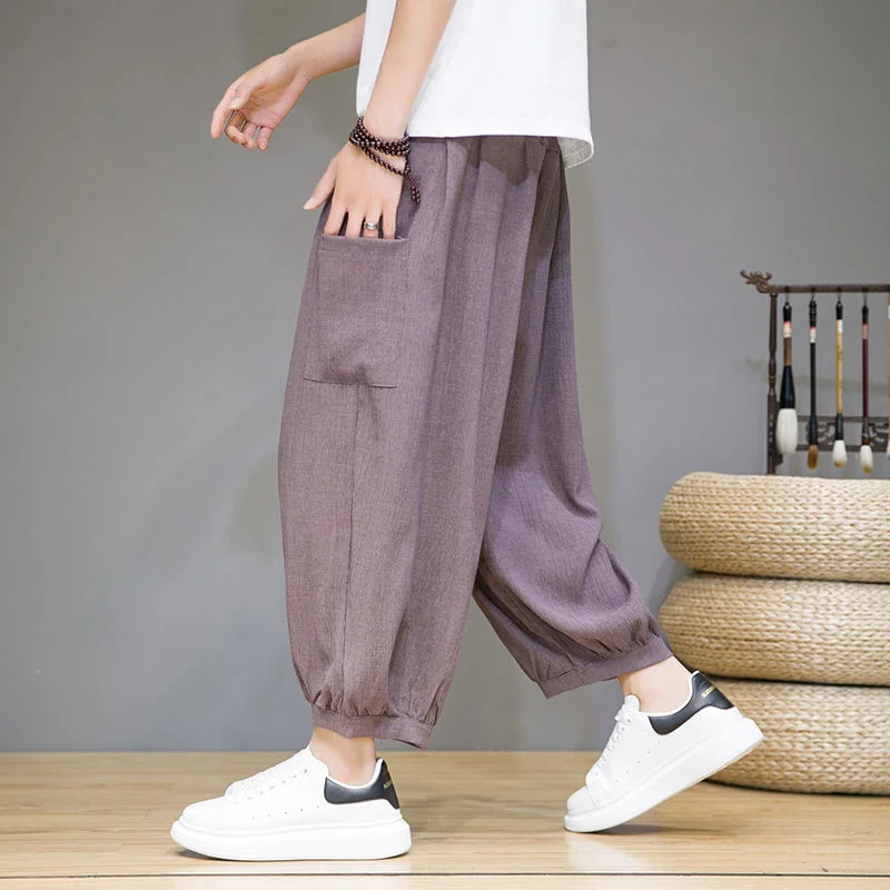 MrGB 2022 Summer Ice Silk Men's Casual Pants Oversized Chinese Style Capri Wide Leg Pockets Vintage Male Calf-Length Trousers