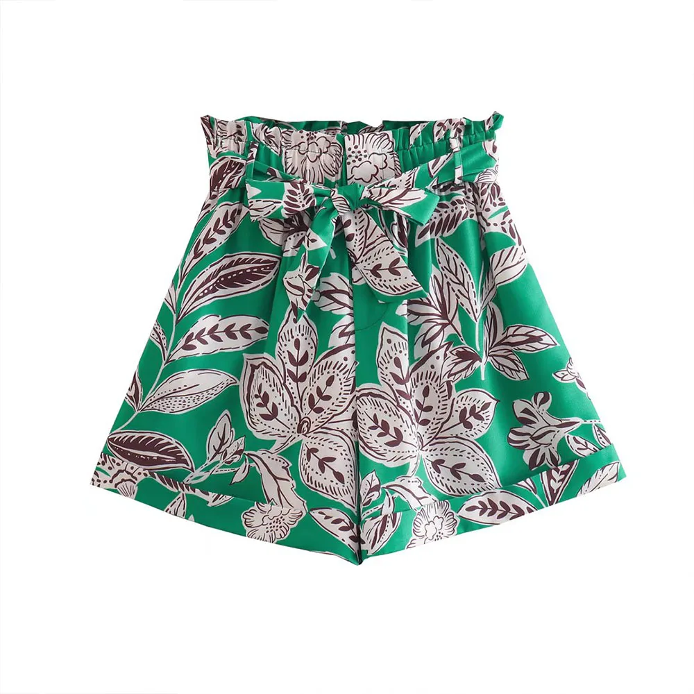 

Women 2022 New Fashion Chic Printed Paper Bag Casual Shorts Vintage Belted Side Pockets Stretch High Waist Female Shorts Mujer