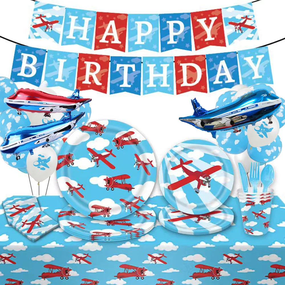 

Airplane Party Tableware Tablecloth Plates Napkins Time Flies Taking Flight Plane Themed Birthday Baby Shower Decor Balloon