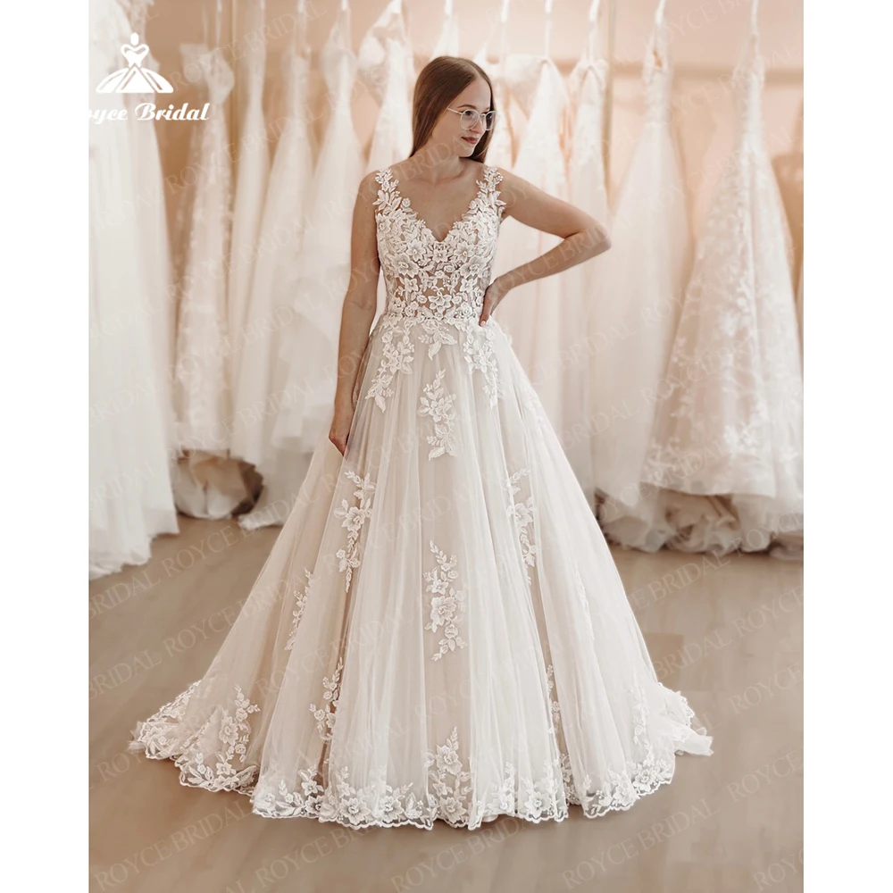 

Sexy V-Neck Appliques Lace Wedding Dresses 2023 Sleeveless Backless with Button Floor-Length High Quality Chiffon Weddings