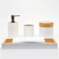 5 pcs bamboo wood bathroom accessories set soap dispenser soap dish toothbrush holder tray cotton box