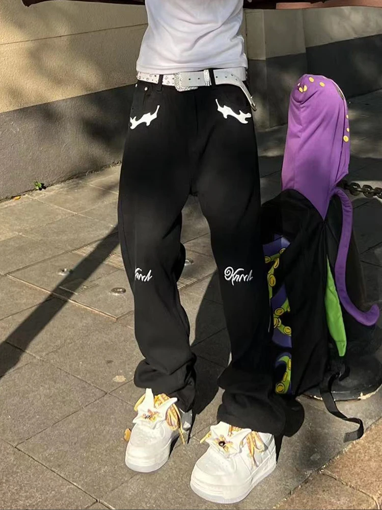 Men's Printed Loose Casual Jeans Y2K Streetwear Clothes High Waist Straight Denim Trousers Baggy Wide Leg Long Pants Solid Color