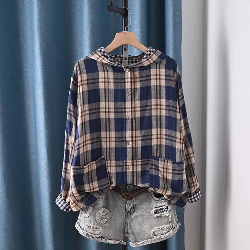 Блузка женская клетчатая из 100% хлопка с длинным рукавом и капюшоном