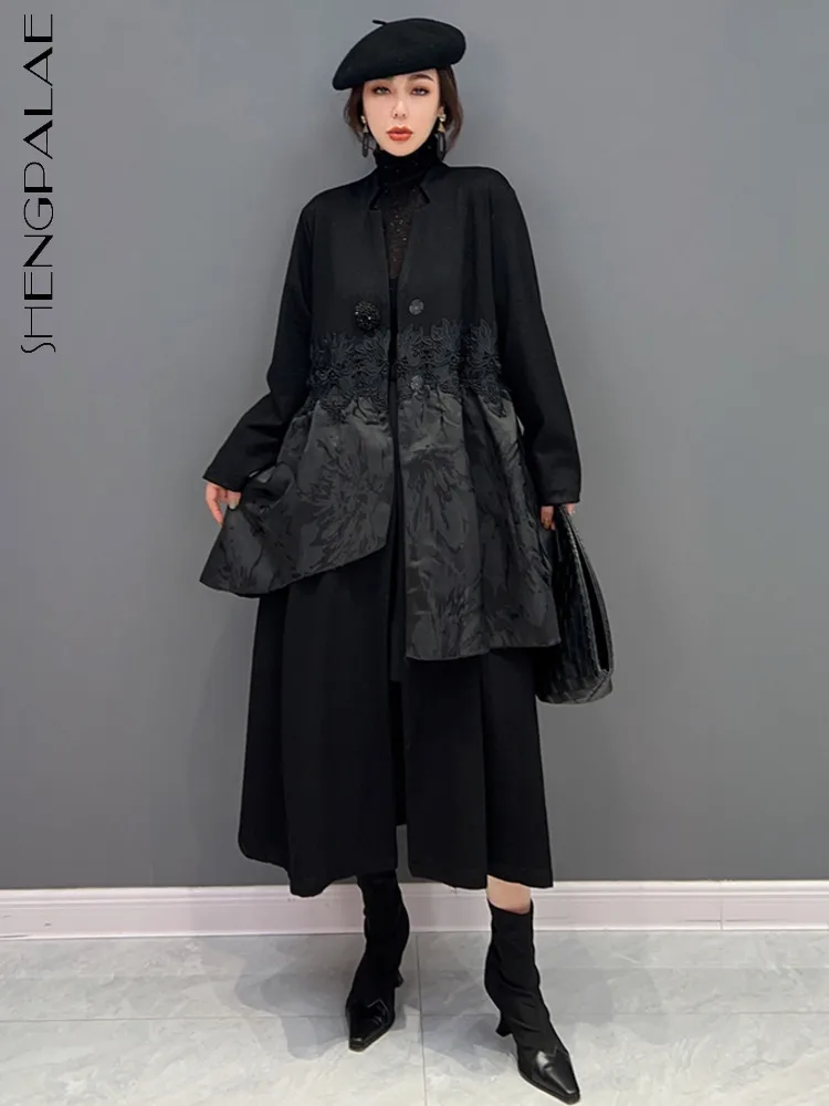 

SHENGPALAE Тренч с асимметричным узором черное пальто с Длинным Рукавом Плиссированное Элегантное повседневное Плиссированное ветровка 2023 вес...