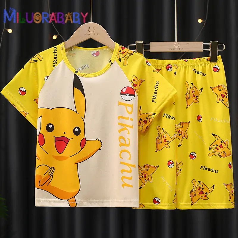 

Summer Pikachu Pokemon Cartoon Pajamas Set Children Boy Girl Short-sleeve Cotton Sleepwear Pullover Nightwear Homewear Set