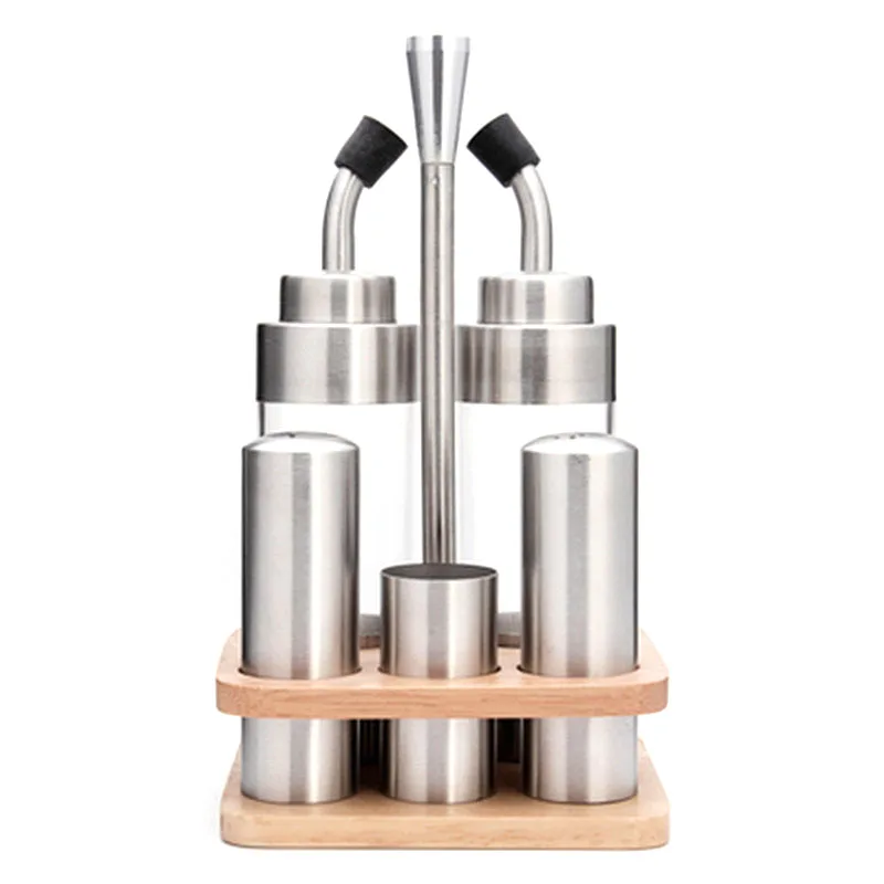 

5Pcs Seasoning Bottle Set with Wooden Rack Pepper Bottle Holder Kitchen Tools for Oil Salt Vinegar Soy Sauce Storage