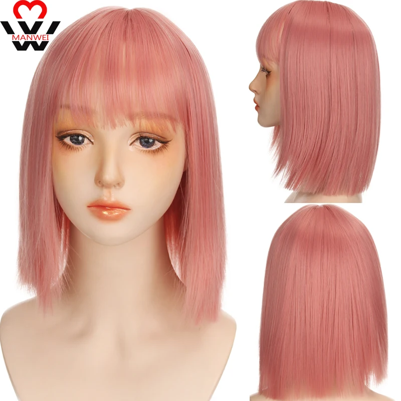 MANWEI Short Bob Wig With Bangs Synthetic Wigs For Women Ombre Black Red Blonde Pink Lolita Cosplay Party Natural