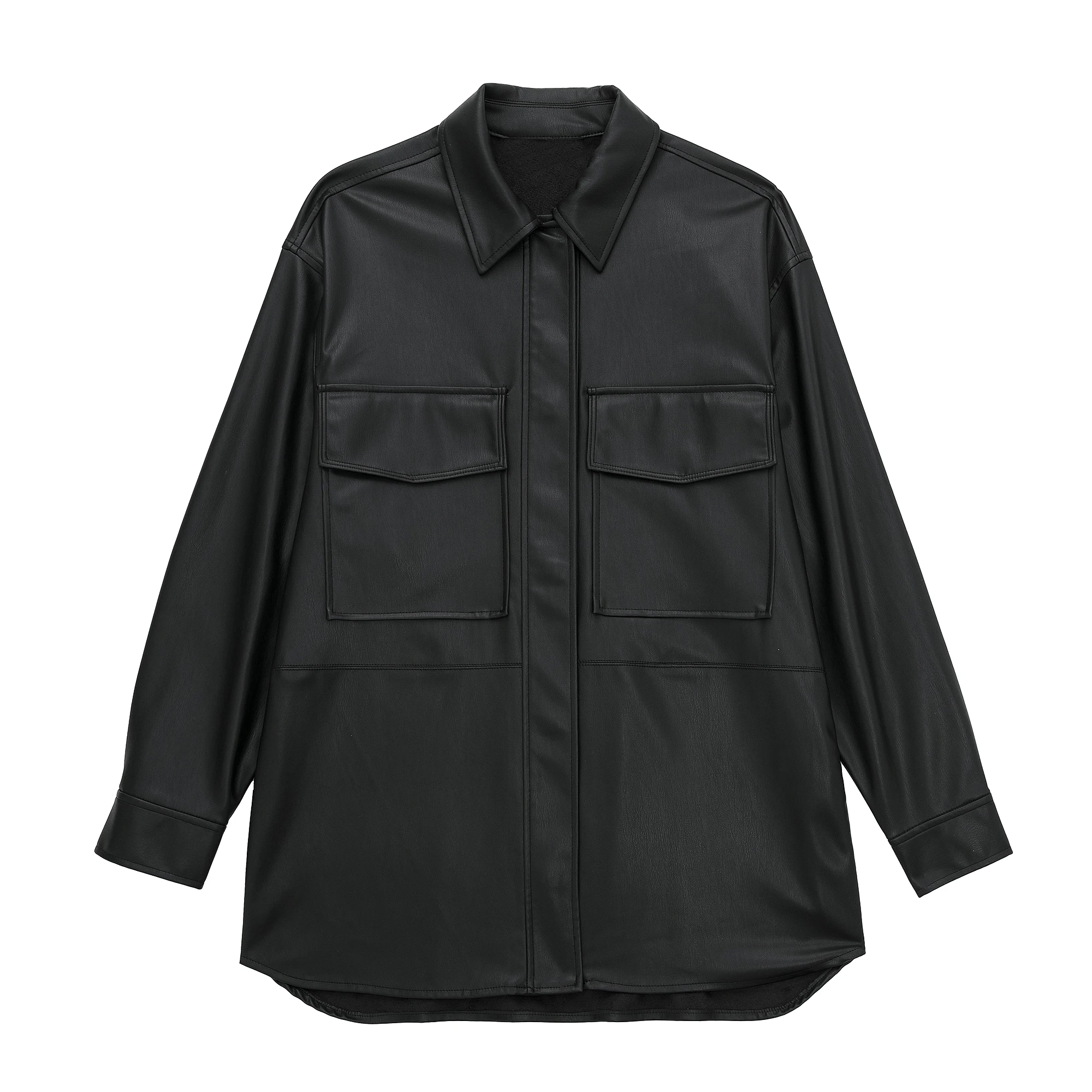 

Куртка женская демисезонная из искусственной кожи, черная винтажная верхняя одежда, повседневная классическая Базовая Минималистичная рубашка в Корейском стиле