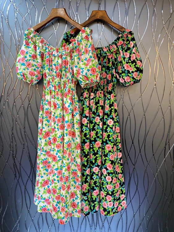 

2022 new women fashion one-word neck off-the-shoulder printed bubble short-sleeved pastoral style holiday dress 522