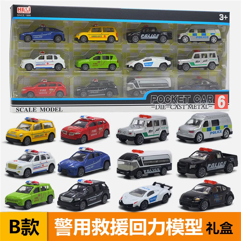 

1:60 Alloy Pull Back Police Car Model 12 Piece Set Gift Box New Year's Goods Children's Toys Holiday Gift