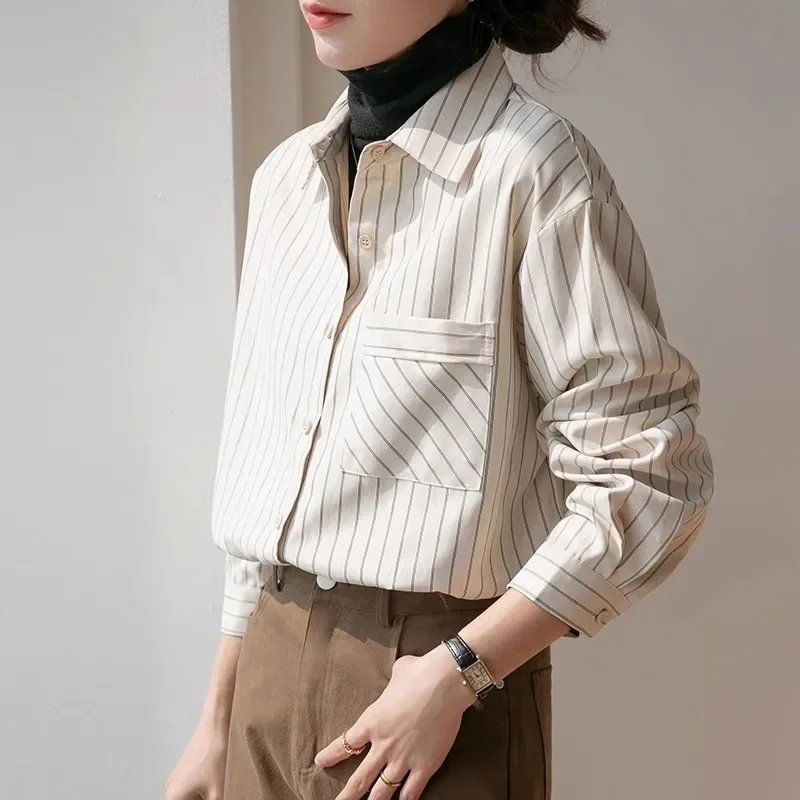 Осенняя элегантная синяя полосатая рубашка с длинным рукавом шикарная свободная