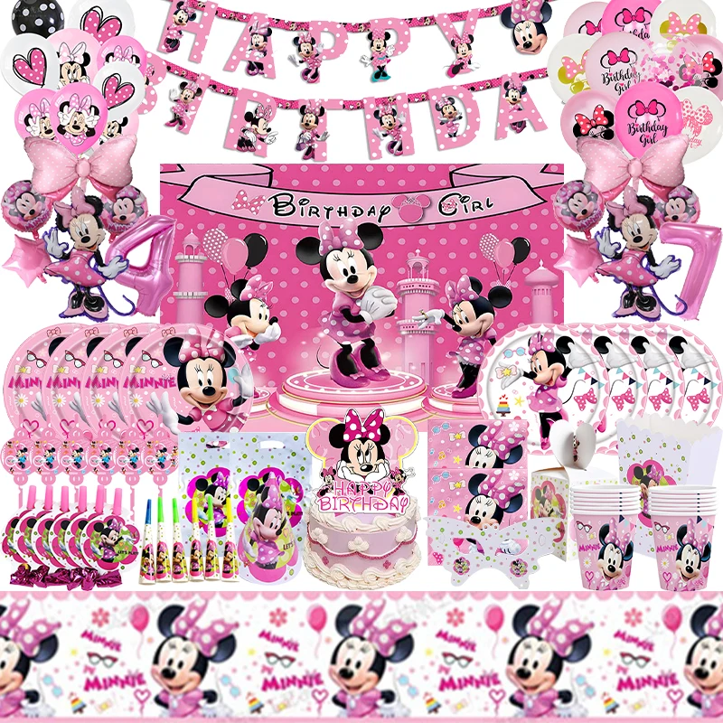 

Minnie Mouse Birthday Party Decoration Paper Plate Tableware Set Baby Girl Happy Birthday Minnie Backdrop Balloons Decor Supply