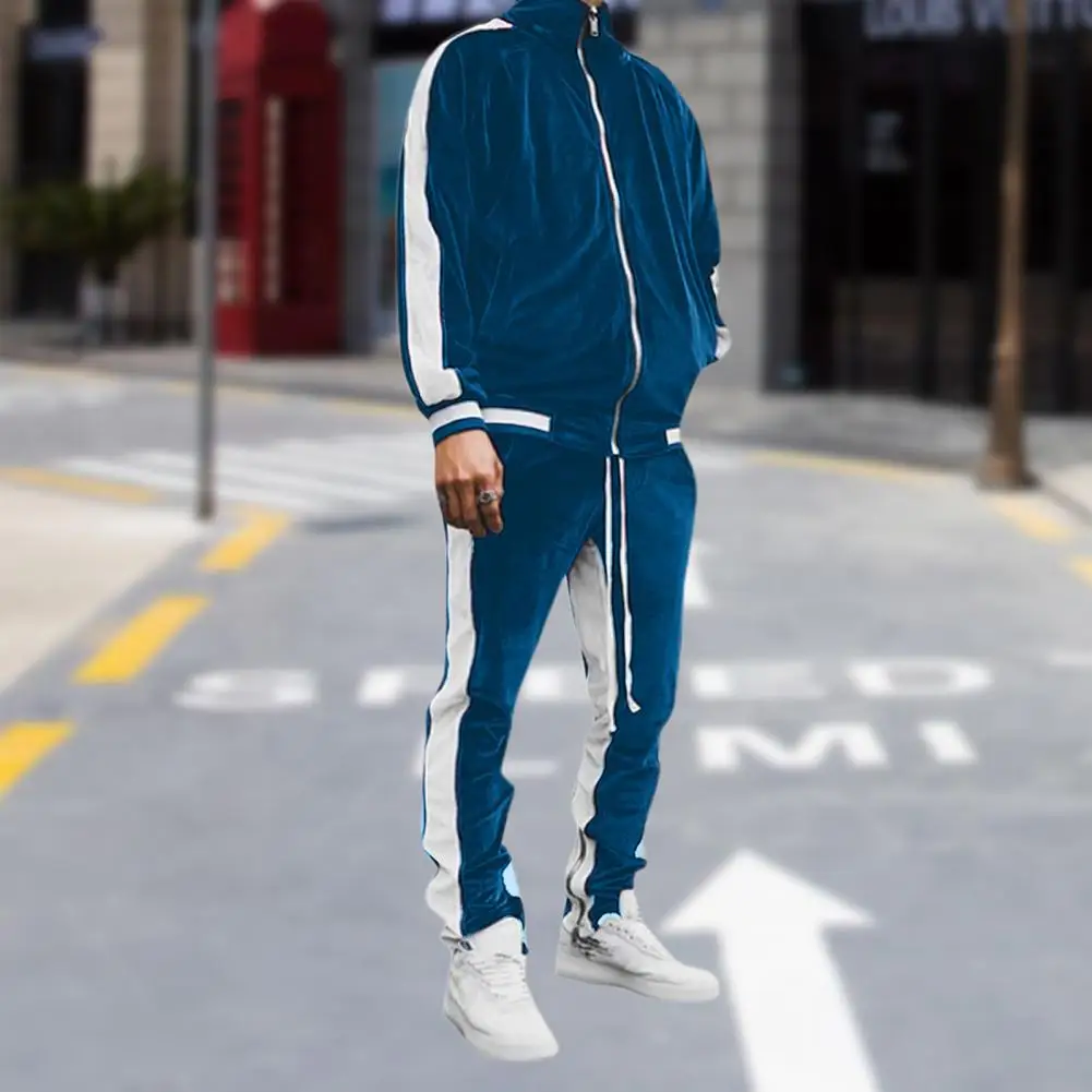 

2 Piece Set Tracksuit Men Spring Autumn Striped Jackets Sweatshirts + Pocket Pants Casual Gold Velvet Suit Sport Jogging Set
