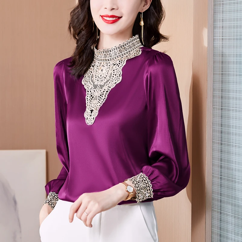 Женская кружевная блузка с вышивкой элегантная винтажная Повседневная атласная