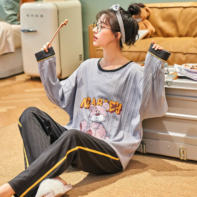 2022 new style pajamas women's autumn winter long sleeved trousers set pure cotton simple leisure cartoon girls' home clothes