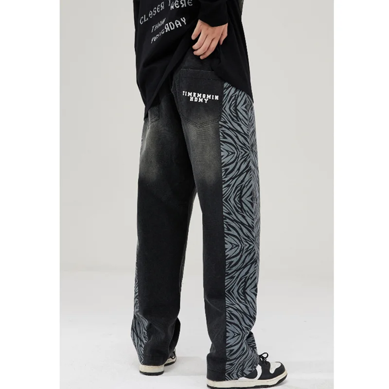 Streetwear Men Patchwork Leopard Print Recreational Jeans Sense of Design Vintage Black Printing Straight Pants Autumn Female