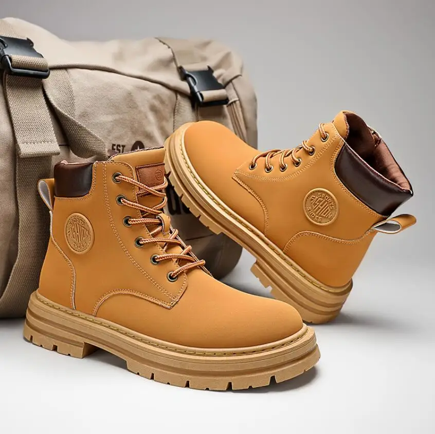 

Мужские кожаные ботинки с высоким берцем, коричневые ботинки на нескользящей подошве, Рабочая обувь для улицы, мотоциклетные ботинки на платформе, 2023