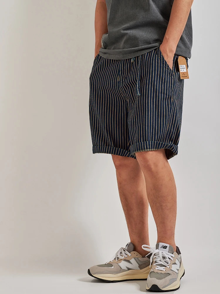 Мужские джинсовые шорты в тонкую полоску стиле ретро синие повседневные