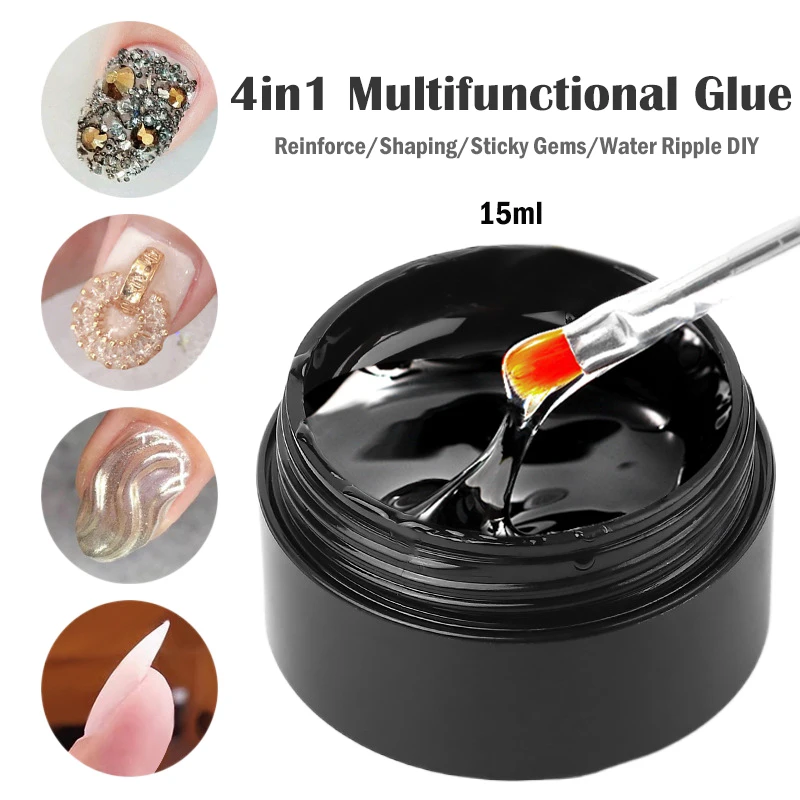 

15ML 4in1 Multifunctional Glue Hard Top Coat No Wash Diamonds Sticky Glue Reinforcing Shaping Water Ripple Jelly Extension Gel