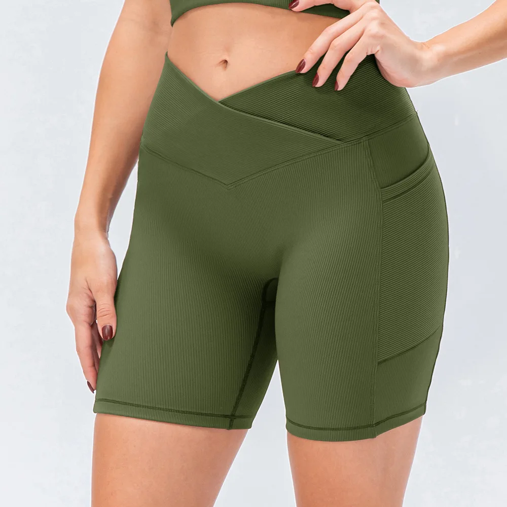 

Fitness Women Sports Short Ribbed Front Waist Cross Side Pocket Peach Hip Squat Proof High Waist Yoga Legging Short Gym Cycliing