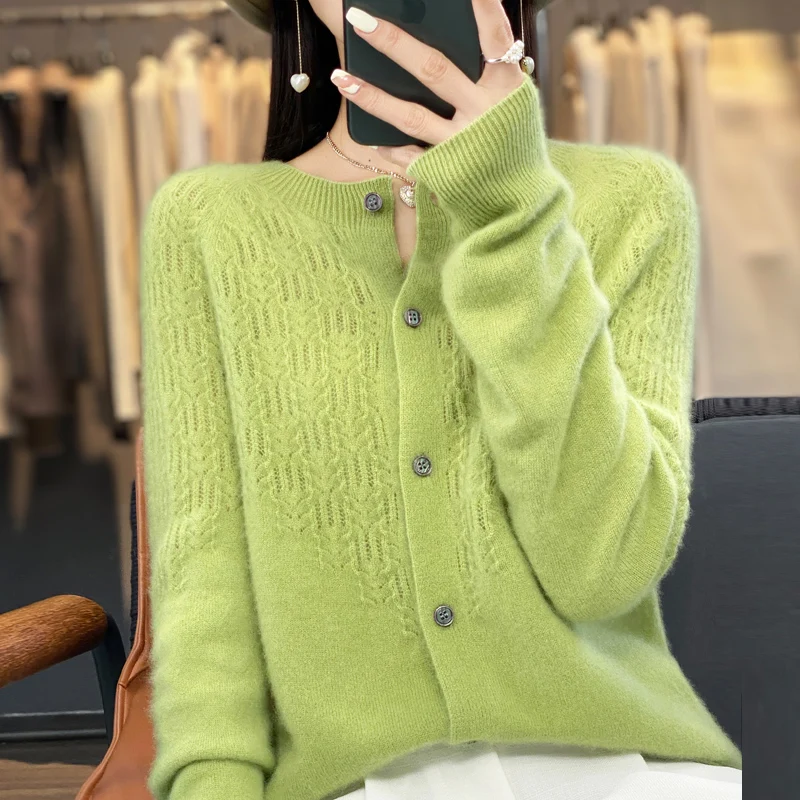 

2023 New autumn and winter sweater women's O-neck knitted long-sleeved cardigan 100% wool first-line ready-to-wear sweater coat