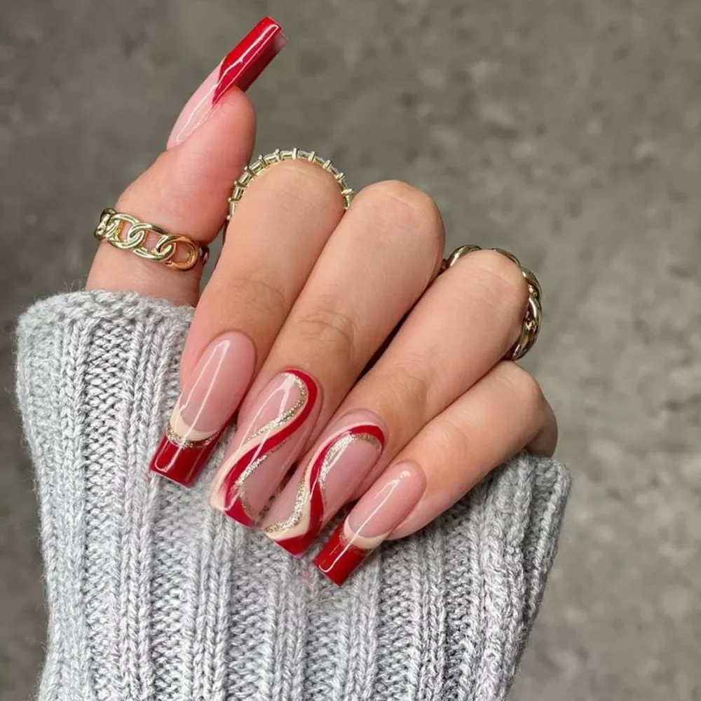 

NEW Coffin Fake Nails Long Mixed Wine Red Wavy French False Nails Detachable Full Nail Accessory Art Tips Manicure Tools