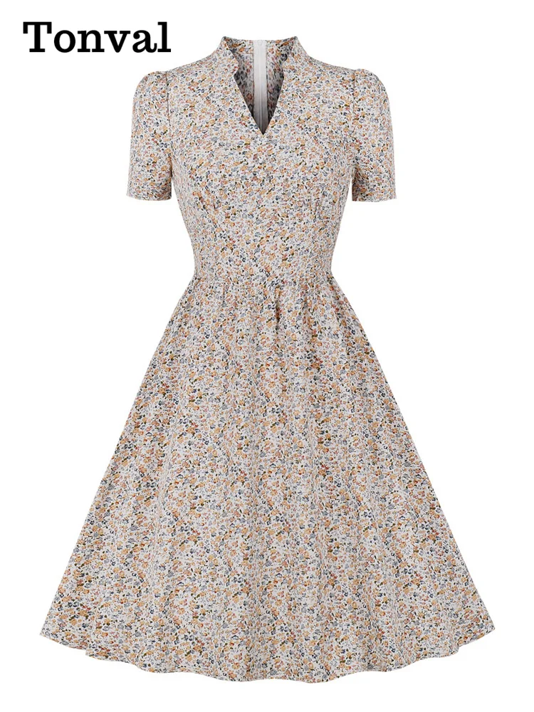 Женское винтажное пляжное платье Tonval, летнее платье с V-образным вырезом и пуговицами спереди и высокой талией