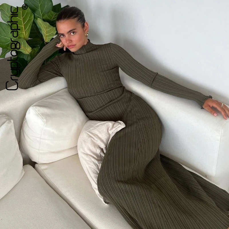 

Cryptographic Fall Winter Essential Textured Plisse Rib Knit Long Sleeve Maxi Dress Fashion Elegant Slim Dress Outfits Clothes