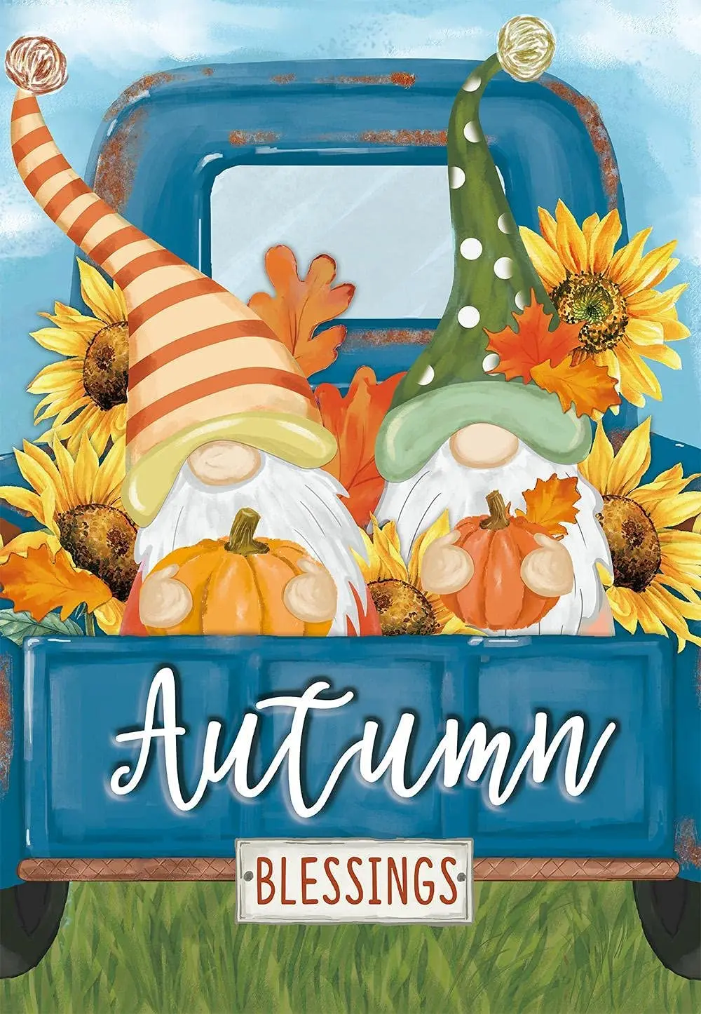 

Fall Harvest Blessings Old Blue Truck with Sunflower Pumpkins Gnomes Decor Garden Flag Farmhouse Autumn Outdoor Yard Flag