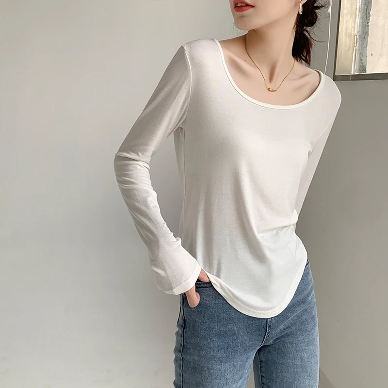 

Женская Модальная футболка с длинным рукавом, однотонная белая Асимметричная футболка с круглым вырезом, базовая облегающая футболка для девочек, весна-осень 2022