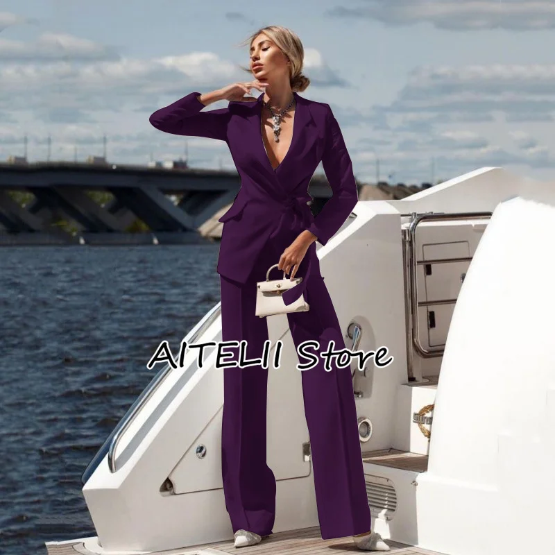 2023 Women's Suit Two-piece Suit Fashion Pure White Handsome Lapel Collar (Jacket + Trousers) Belt Deep V Suitable for Business