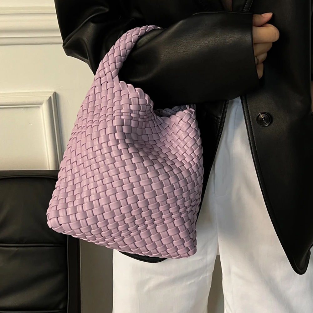 

Purple Fashion Elegant Woven Bucket Bag\Handbag For Women Leather Simple Tote Lady Shoulder Crossbody Bag Large Capacity
