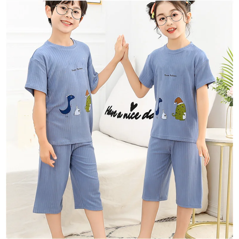 

Children Clothing Set 2022 Summer Brother Sister Family Clothing Baby Boys Girls Pajamas Short Top+Cropped Shorts 2PCS G0032