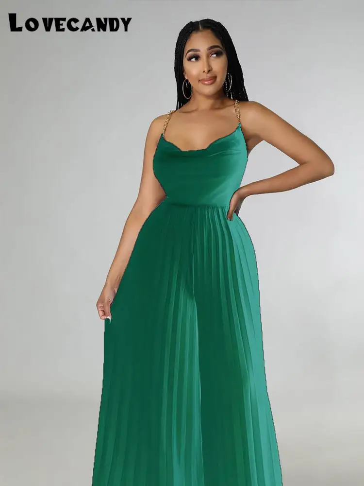 

Women Elegant Halter Chain Spaghetti Strap Jumpsuit High Waist Pleated Jumpsuit Chic Streetwear Party Wide Leg Pants Overalls