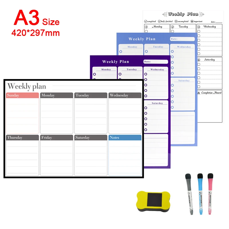 

A3 Dry Erase Magnetic Monthly Weekly Planner Calendar Markers Fridge Whiteboard,Erasable Magnet Daily Memo Refrigerator Sticker