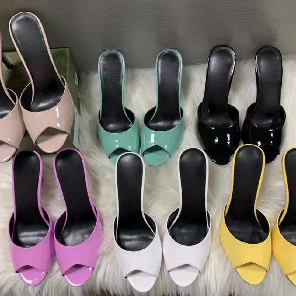 

2022 Summer Square Head Stiletto Fish Mouth Brand Slippers Women's Fashion All-match High-heeled Ladies Luxury Party Slippers