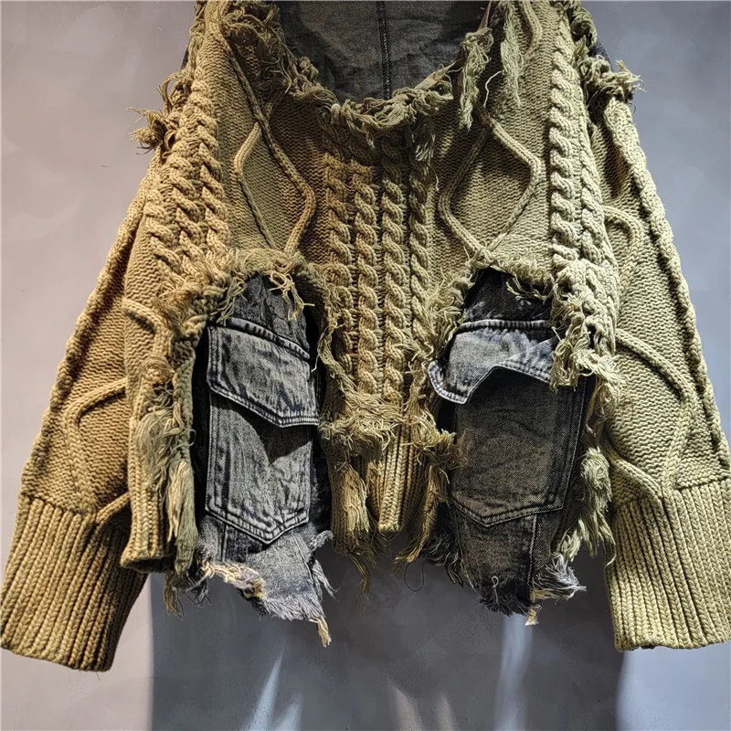 Винтажный потертый джинсовый свитер с длинными рукавами и карманами в стиле