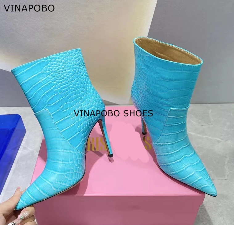 

Snake Printed leather Women Ankle Boots Pointed Toe Booties White Blue Green Black Thin high Heels Autumn Winter Spring Botas