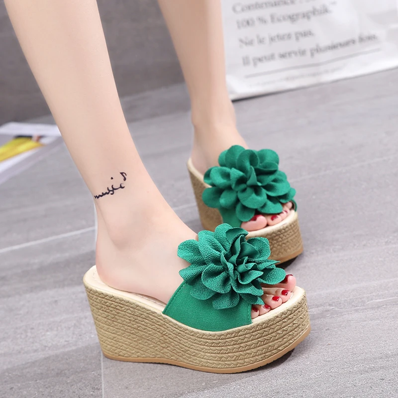 

Shoes Slippers Casual Flower Women Heels Platform On A Wedge Slides Luxury Soft High Flat Fashion PU Floral Fabric Leisure