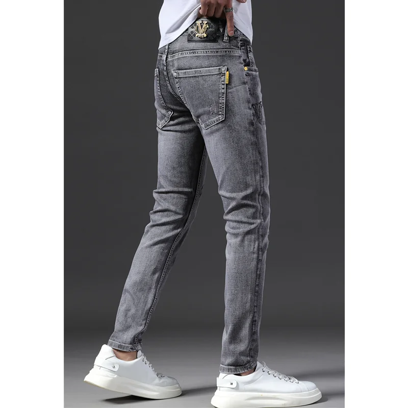 Streetwear Men 2022 New Embroidered Recreational Jeans Sense of Design Vintage Light Grey Pencil Pants Autumn and Winter Female