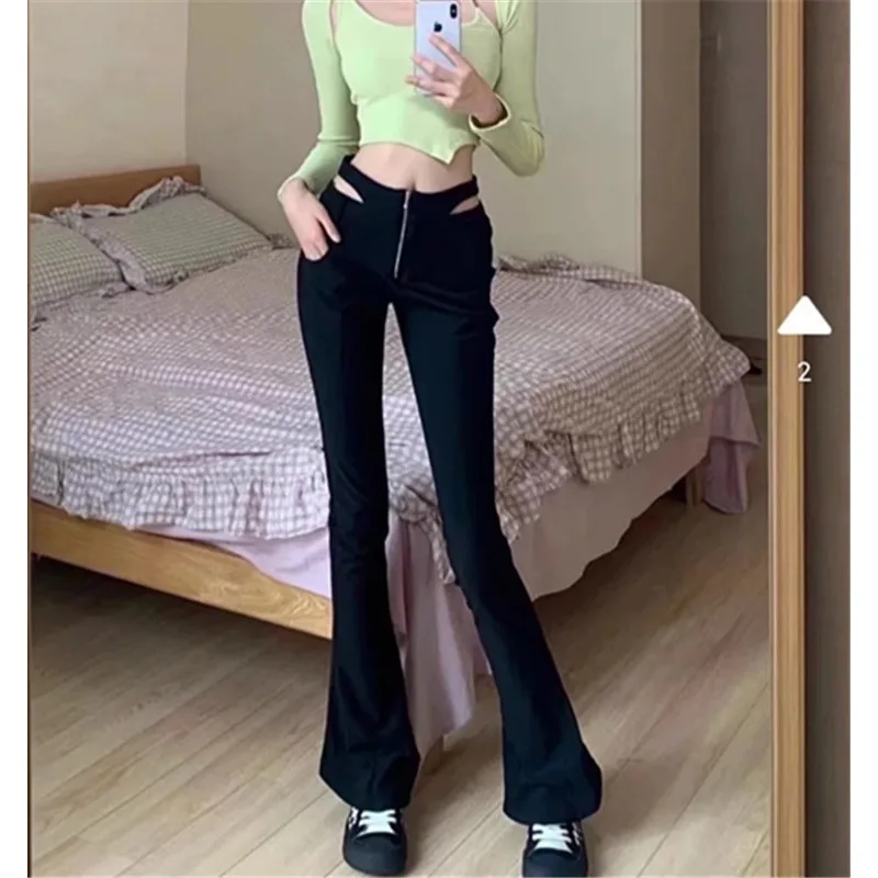 

WOMENGAGA Women Cut Out Waist Tailored Flare Trouser With Exposed Zip Fly RKZ1