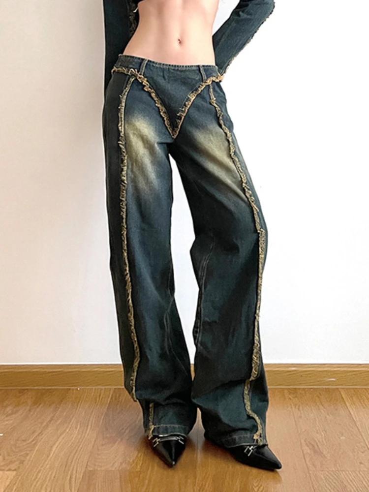 

Y2k Grunge Vintage Jeans 2023 Aesthetic Low Rise Women Burr Spliced Distressed Straight Denim Trousers Chic Harajuku Pants